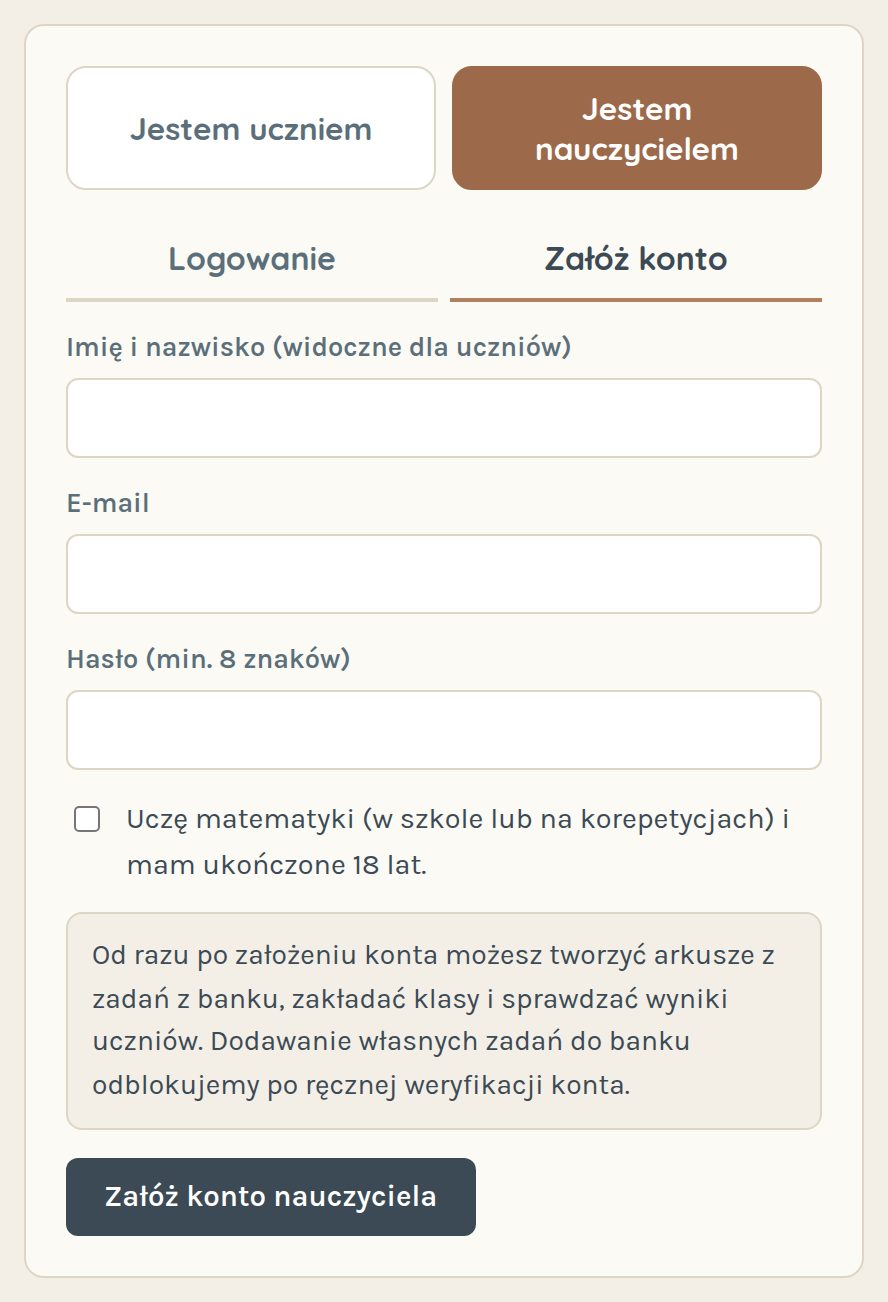 Formularz zakładania konta nauczyciela