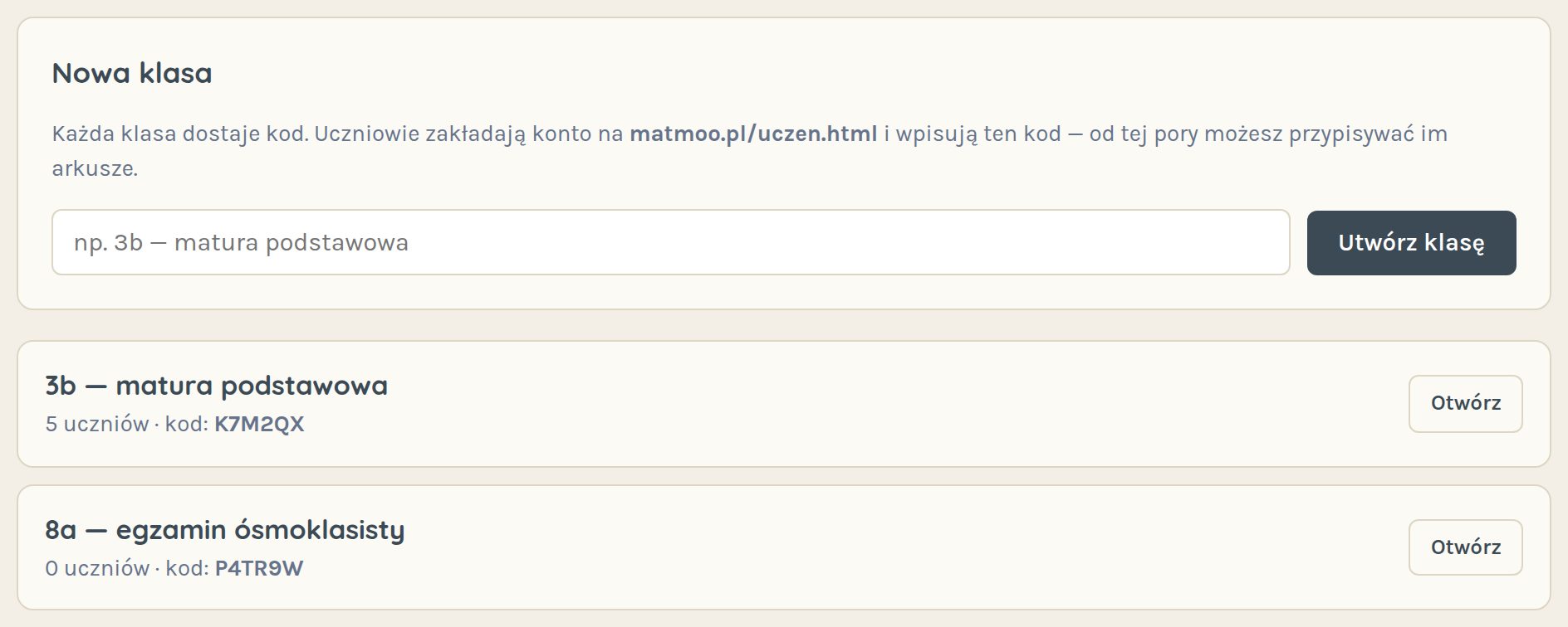 Lista klas z kodami