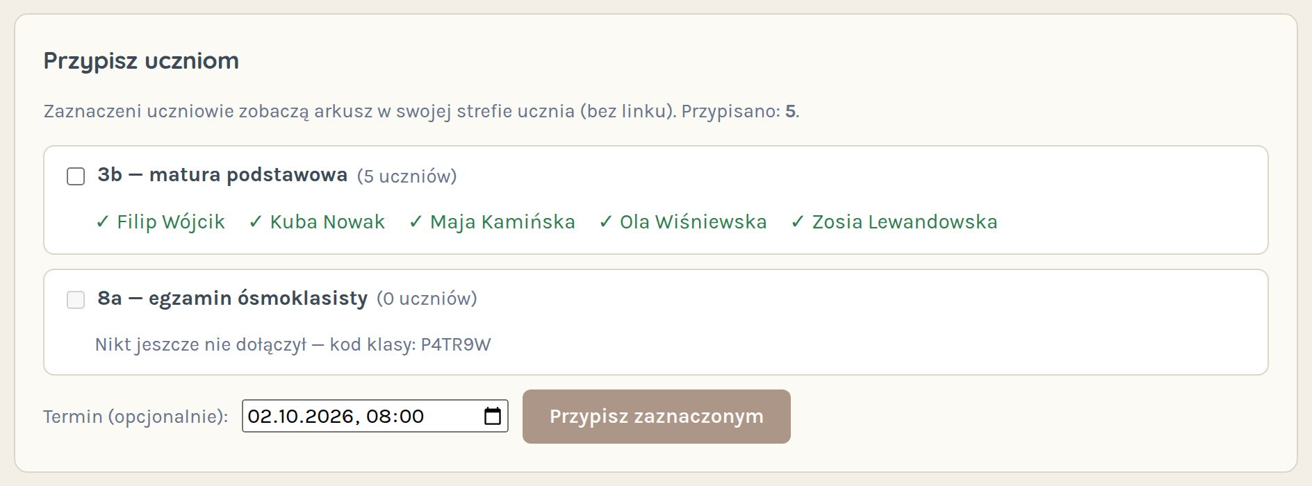 Przypisywanie arkusza klasie