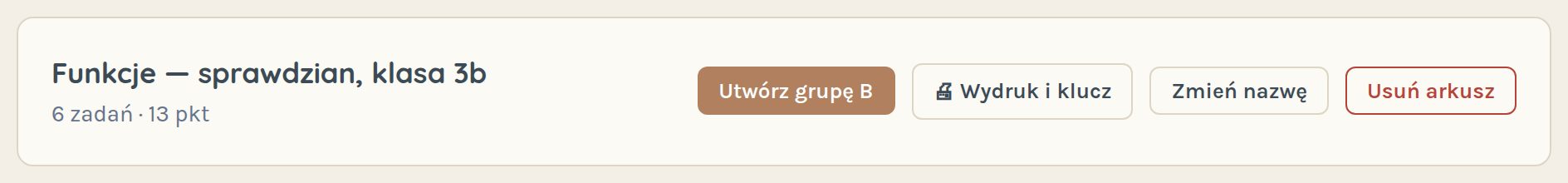 Nagłówek arkusza z przyciskami Utwórz grupę B i Wydruk i klucz