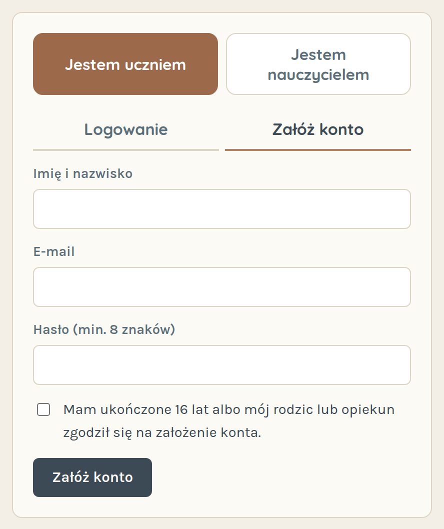 Formularz zakładania konta ucznia
